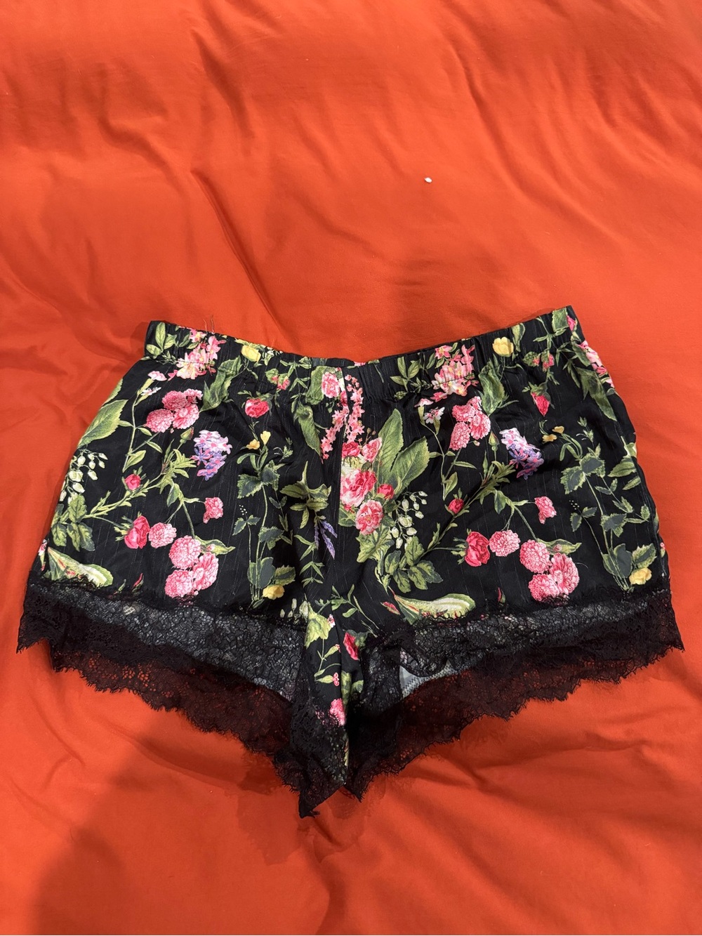 Victoria's Secret 100% silk Black Floral Elastic Waist Sleep Shorts